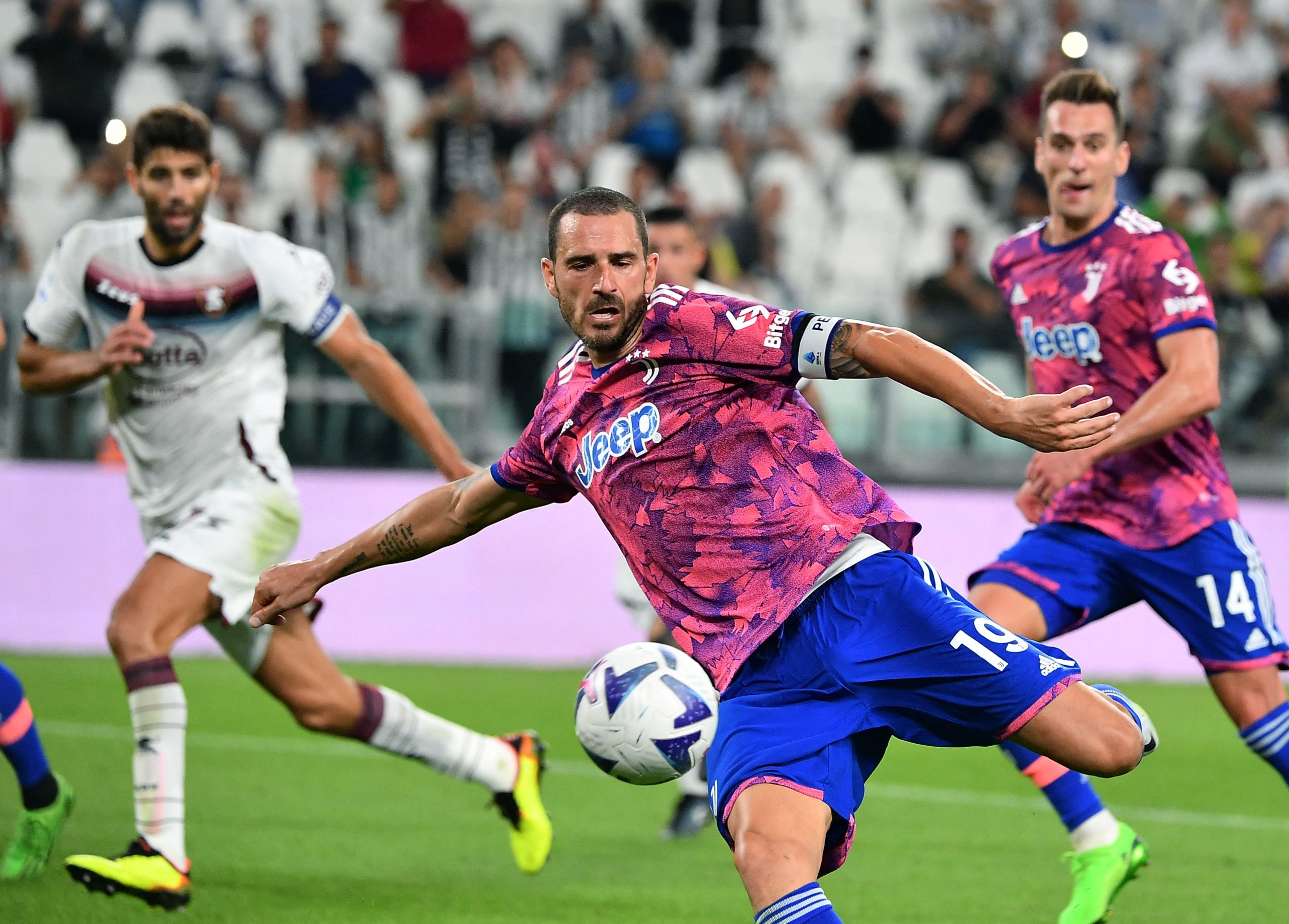 Juventus' Italian defender Leonardo Bonucci scores during the Italian Serie A football match between Juventus and Salernitana at the Juventus stadium in Turin on September 11, 2022. (Photo by Isabella BONOTTO / AFP) (Photo by ISABELLA BONOTTO/AFP via Getty Images)