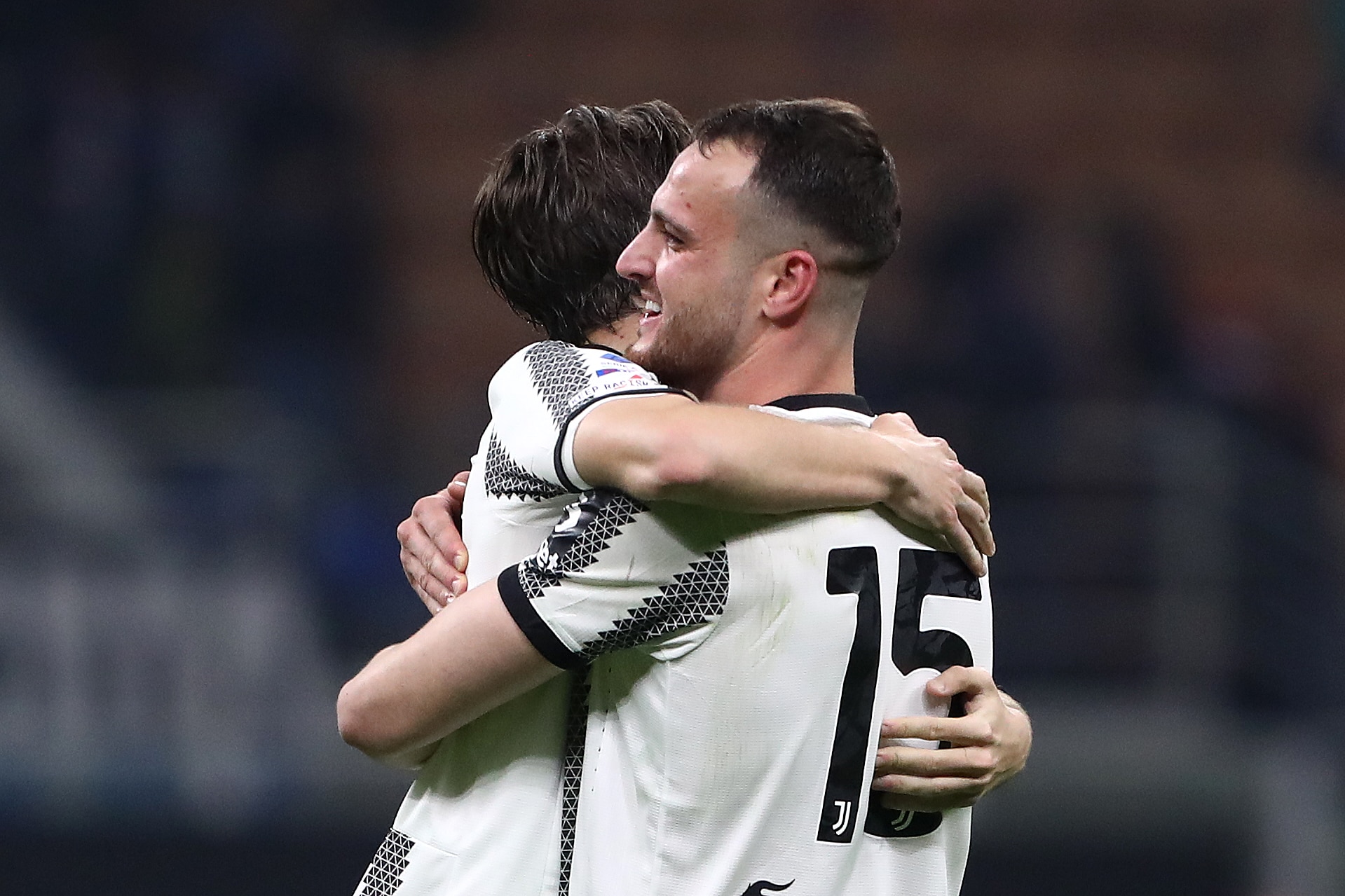MILAN, ITALY - MARCH 19: Nicolo Fagioli and Federico Gatti of Juventus celebrate victory in the Serie A match between FC Internazionale and Juventus at Stadio Giuseppe Meazza on March 19, 2023 in Milan, Italy. (Photo by Marco Luzzani/Getty Images)