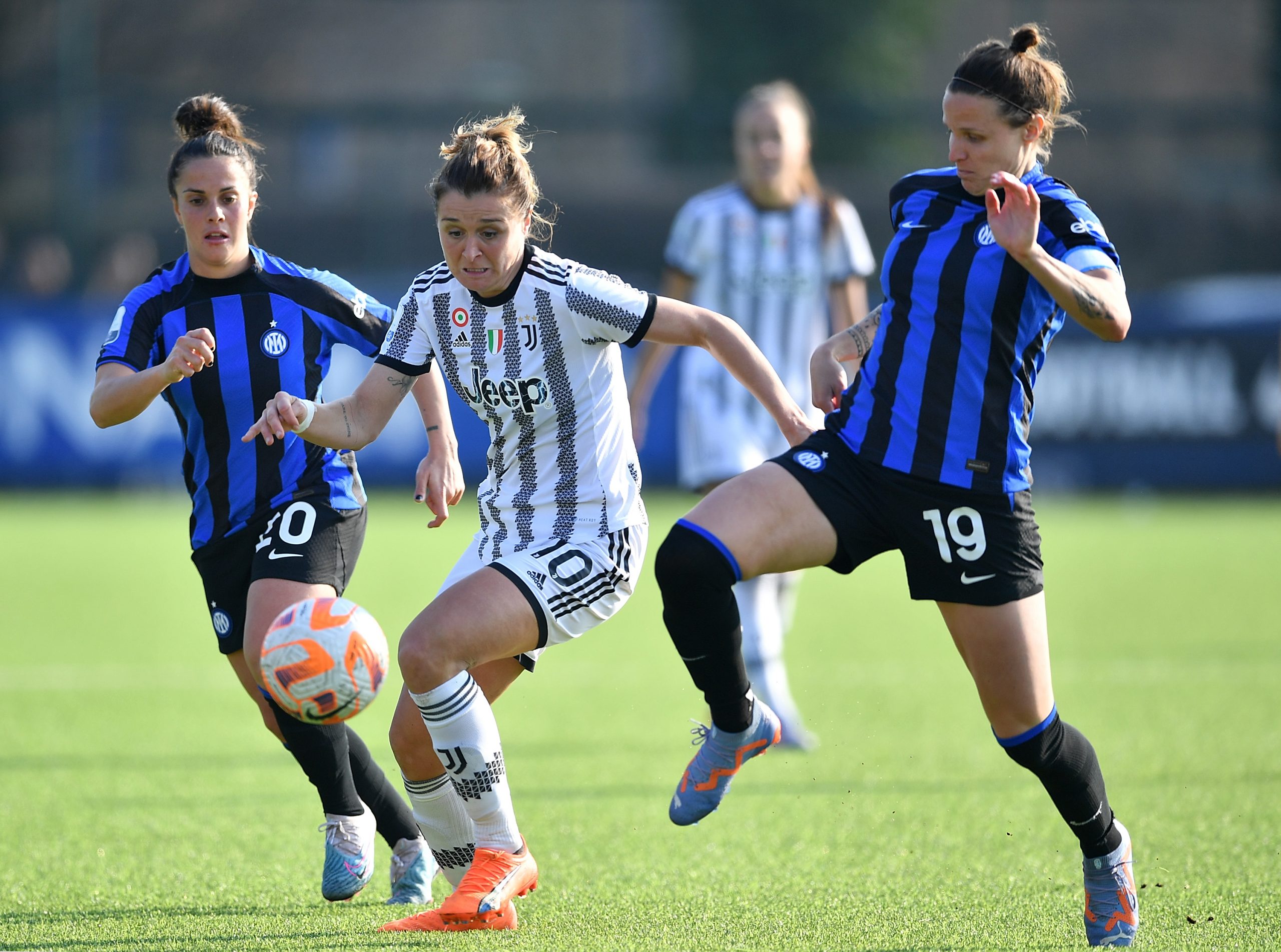MILAN, ITALY - MARCH 04: Lisa Alborghetti of FC Internazionale competes with Cristiana Girelli of Juventus during the Women Coppa Italia match between FC Internazionale and Juventus at Konami Youth Development Center on March 4, 2023 in Milan, Italy. (Photo by Valerio Pennicino/Getty Images)
