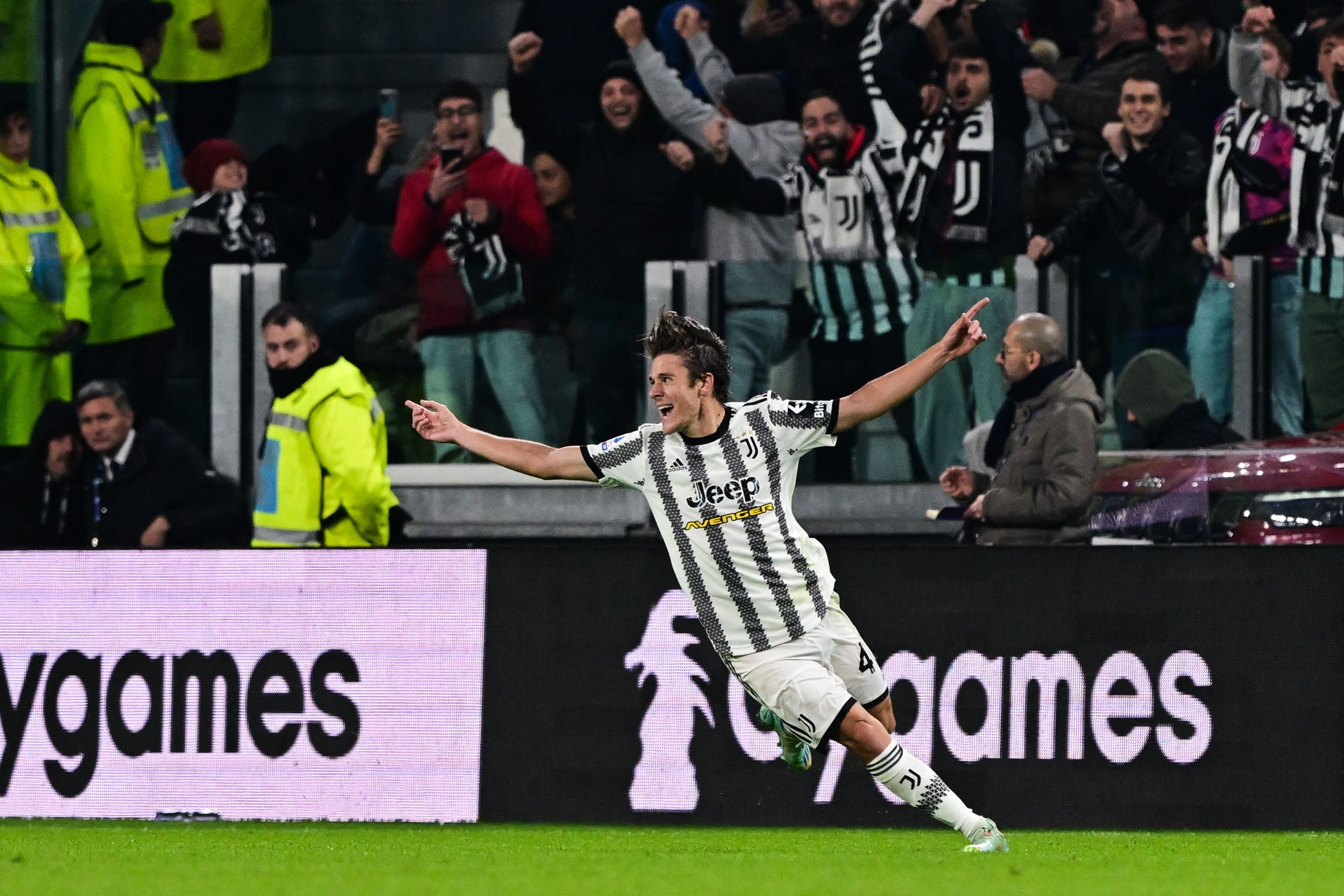 Juventus' Italian midfielder Nicolo Fagioli celebrates after scoring his side's second goal during the Italian Serie A football match between Juventus and Inter on November 6, 2022 at the Juventus stadium in Turin. (Photo by MIGUEL MEDINA / AFP) (Photo by MIGUEL MEDINA/AFP via Getty Images)