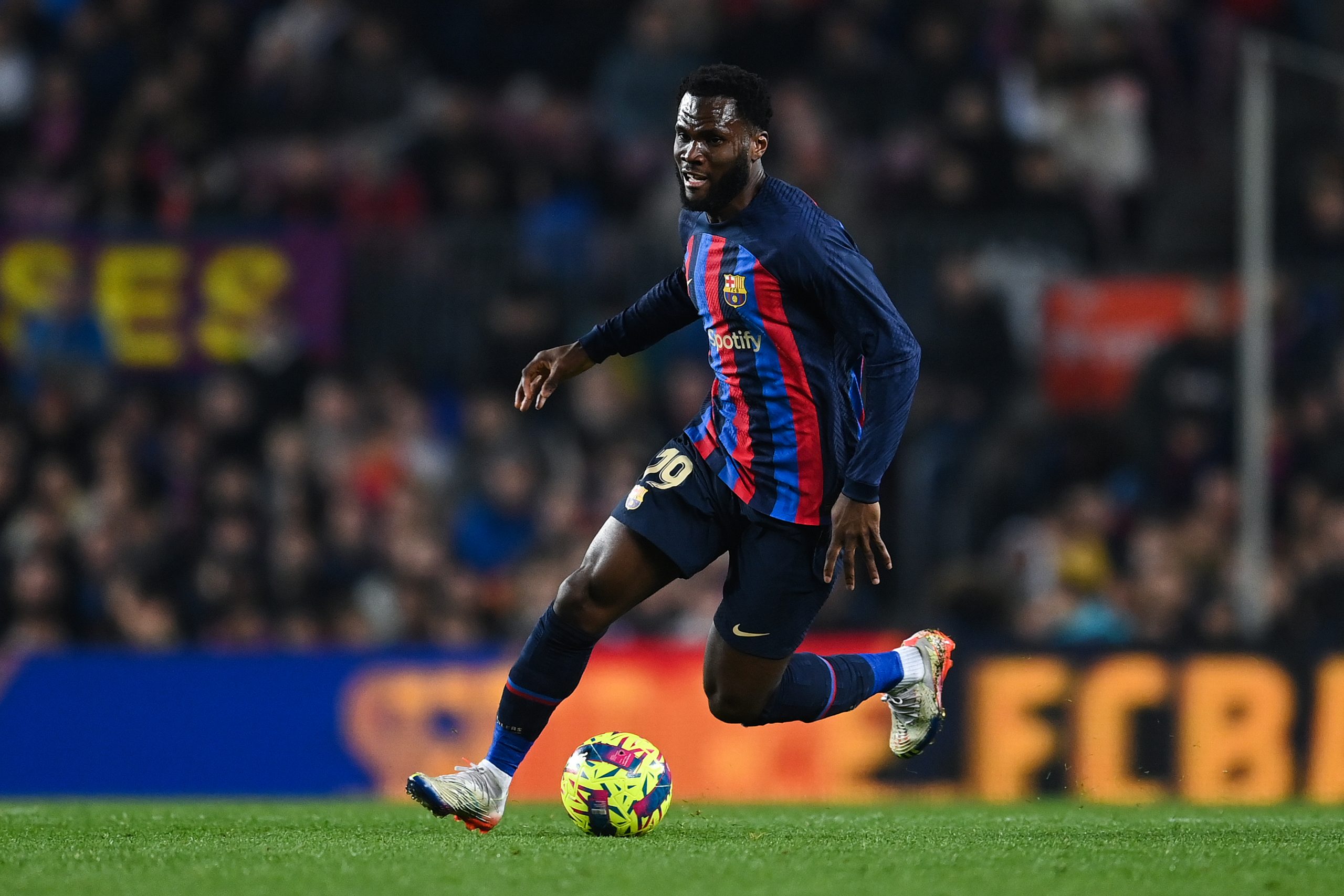 BARCELONA, SPAIN - FEBRUARY 19: Franck Kessie of FC Barcelona runs with the balls during the LaLiga Santander match between FC Barcelona and Cadiz CF at Spotify Camp Nou on February 19, 2023 in Barcelona, Spain. (Photo by David Ramos/Getty Images)