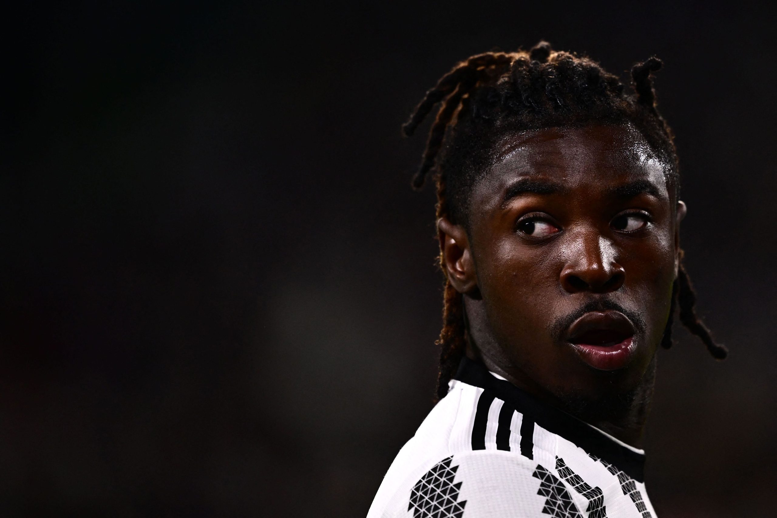 Juventus' Italian forward Moise Kean reacts during the Italian Serie A football match between Juventus and Hellas Verona on April 1, 2023 at the Juventus stadium in Turin. (Photo by Marco BERTORELLO / AFP) (Photo by MARCO BERTORELLO/AFP via Getty Images)