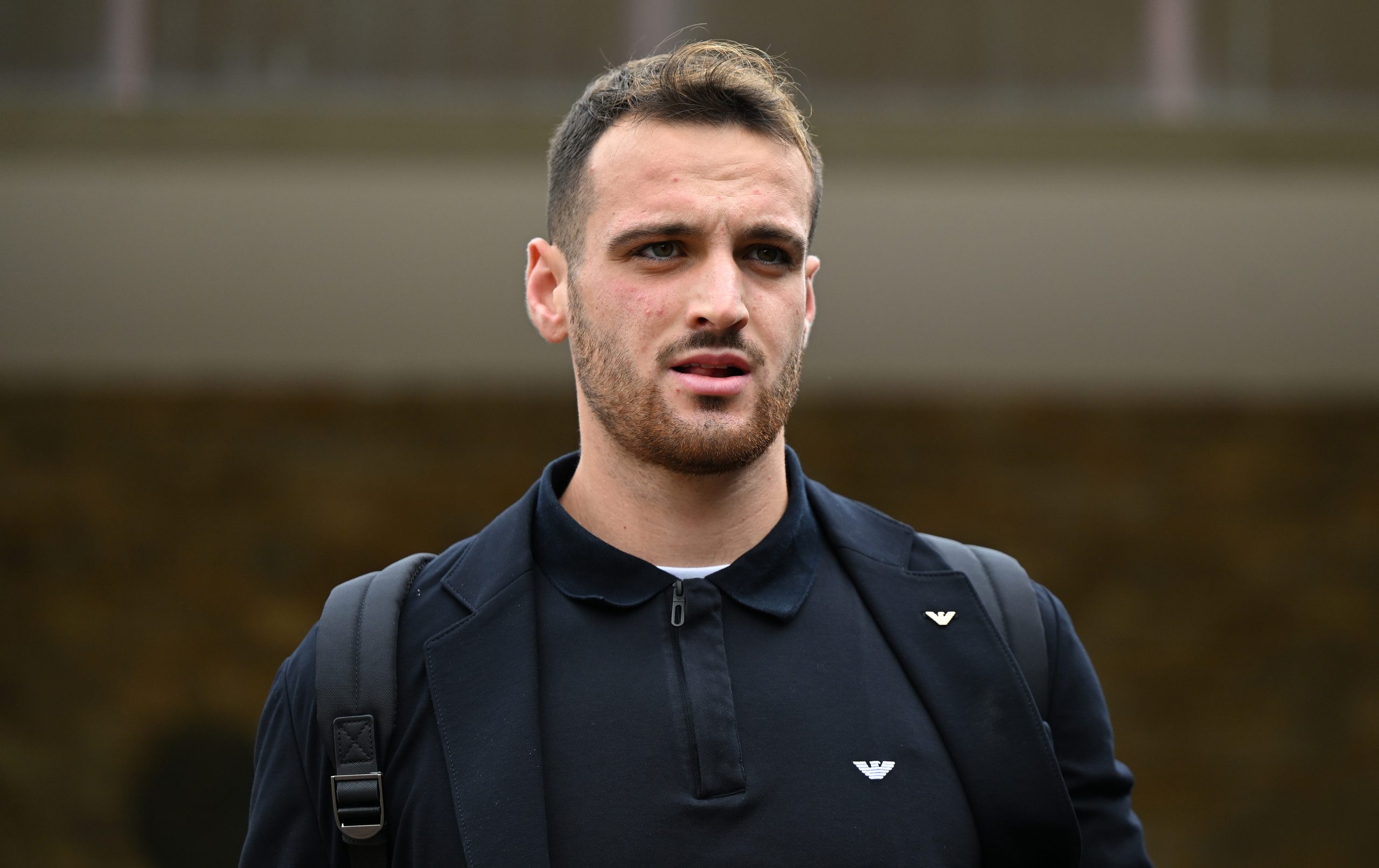 FLORENCE, ITALY - OCTOBER 16: Federico Gatti leaves the Coverciano training center ahead of their flight to London on October 16, 2023 in Florence, Italy. (Photo by Claudio Villa/Getty Images)