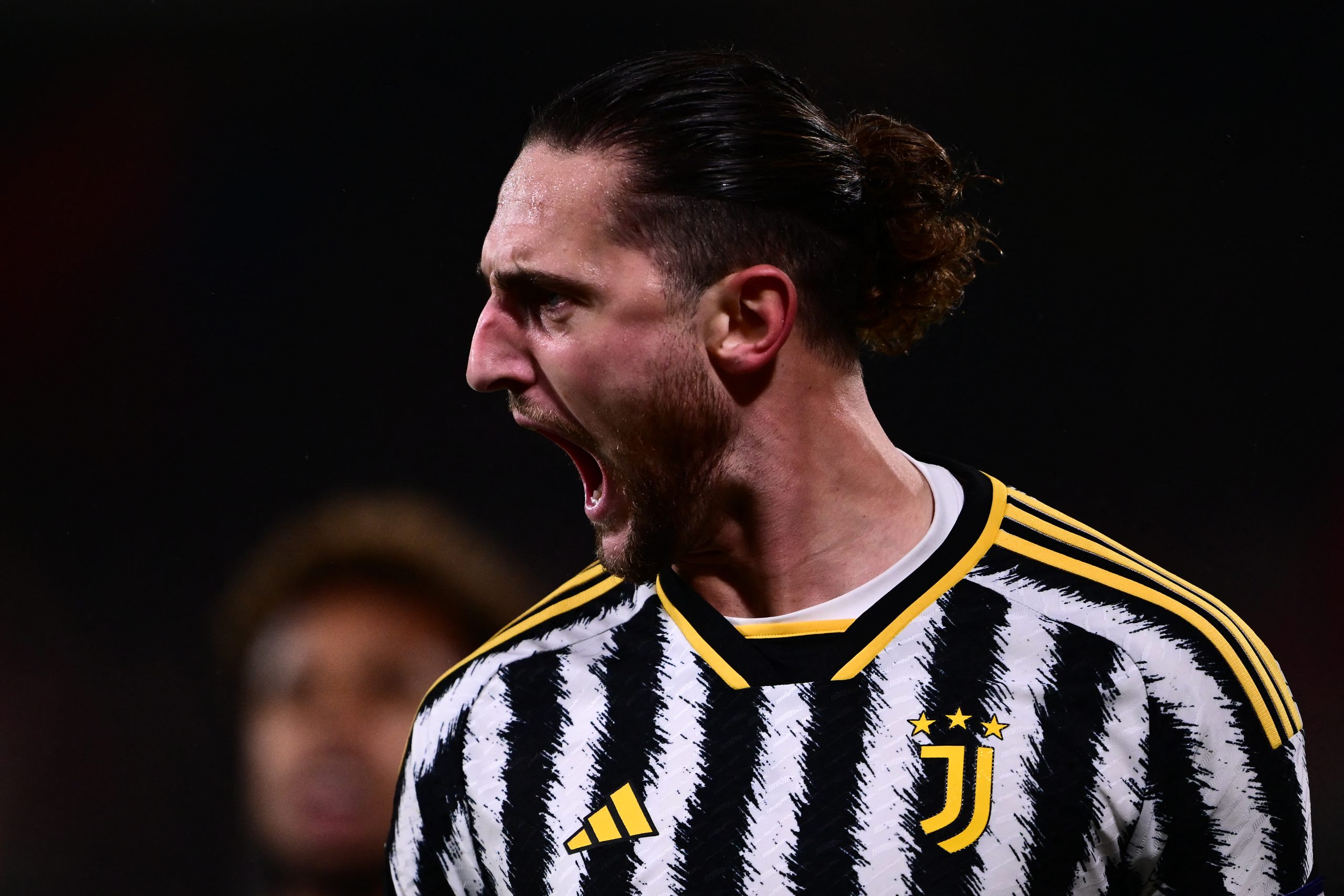 Juventus' French midfielder #25 Adrien Rabiot celebrates after scoring the team's first goal during the Italian Serie A football match between AC Monza and Juventus at the Bianteo stadium in Monza on December 01, 2023. (Photo by Marco BERTORELLO / AFP) (Photo by MARCO BERTORELLO/AFP via Getty Images)