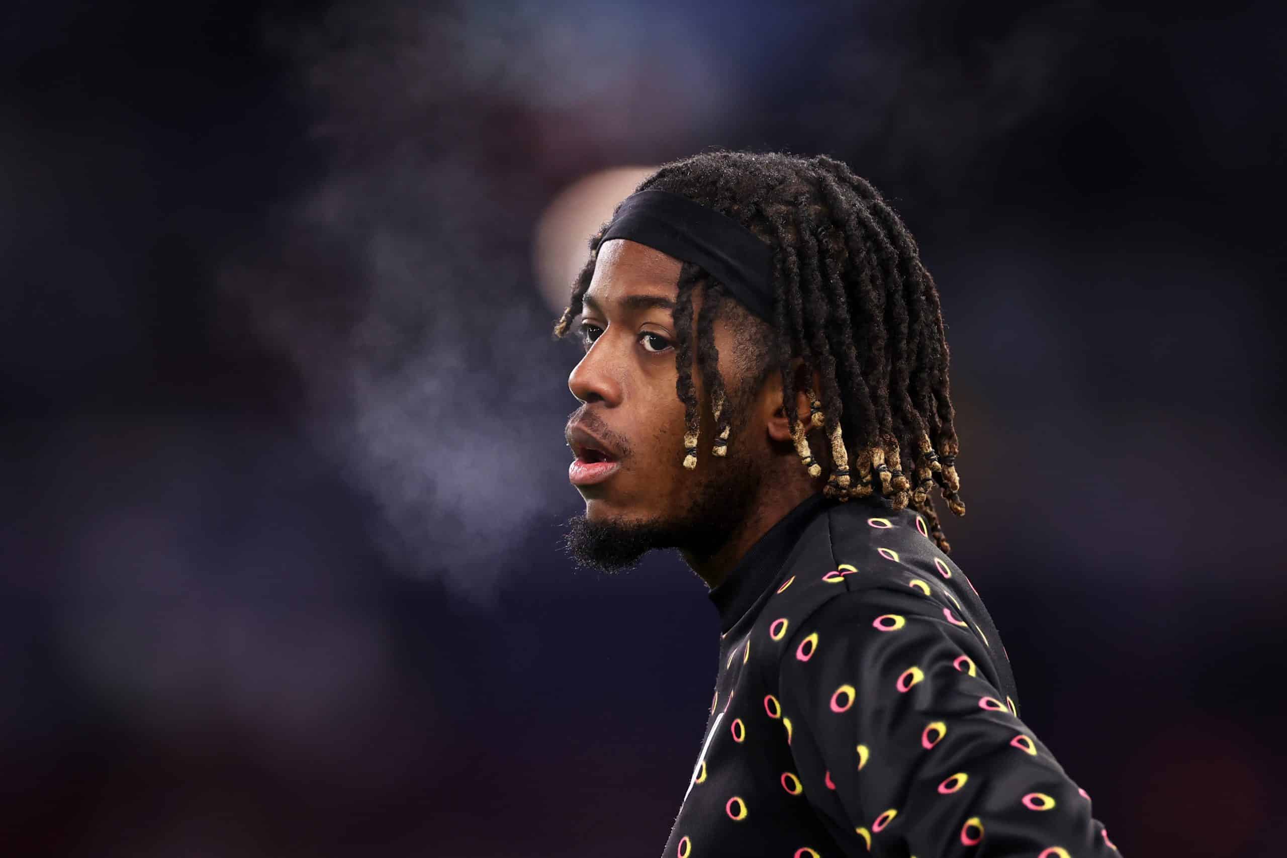 BIRMINGHAM, ENGLAND - NOVEMBER 27: Samuel Mbangula of Juventus looks on as he warms up prior to the UEFA Champions League 2024/25 League Phase MD5 match between Aston Villa FC and Juventus at Villa Park on November 27, 2024 in Birmingham, England. (Photo by Ryan Pierse/Getty Images)