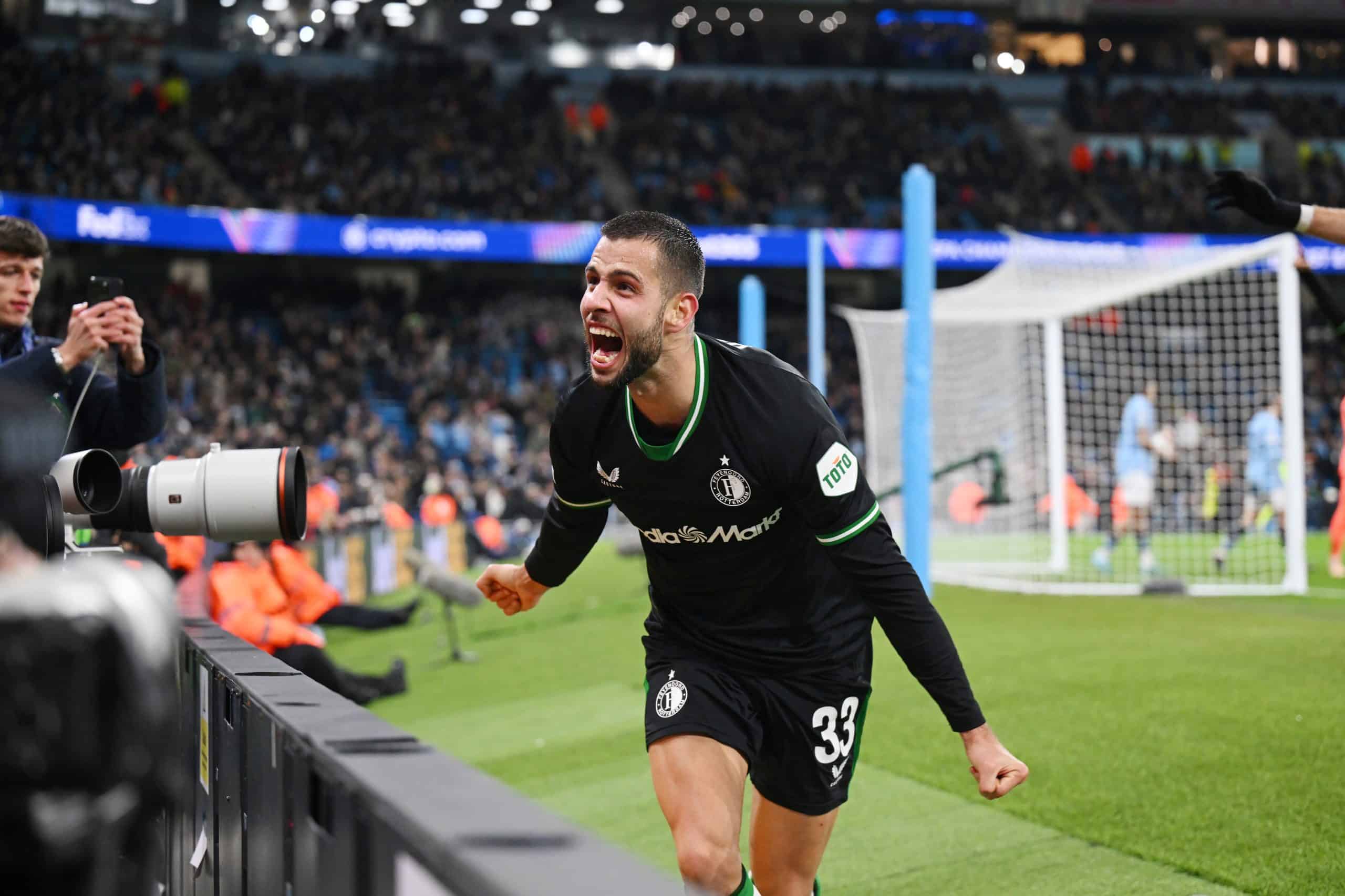 MANCHESTER, ENGLAND - NOVEMBER 26: David Hancko of Feyenoord celebrates scoring his team's third goal during the UEFA Champions League 2024/25 League Phase MD5 match between Manchester City and Feyenoord at City of Manchester Stadium on November 26, 2024 in Manchester, England. (Photo by Michael Regan/Getty Images)