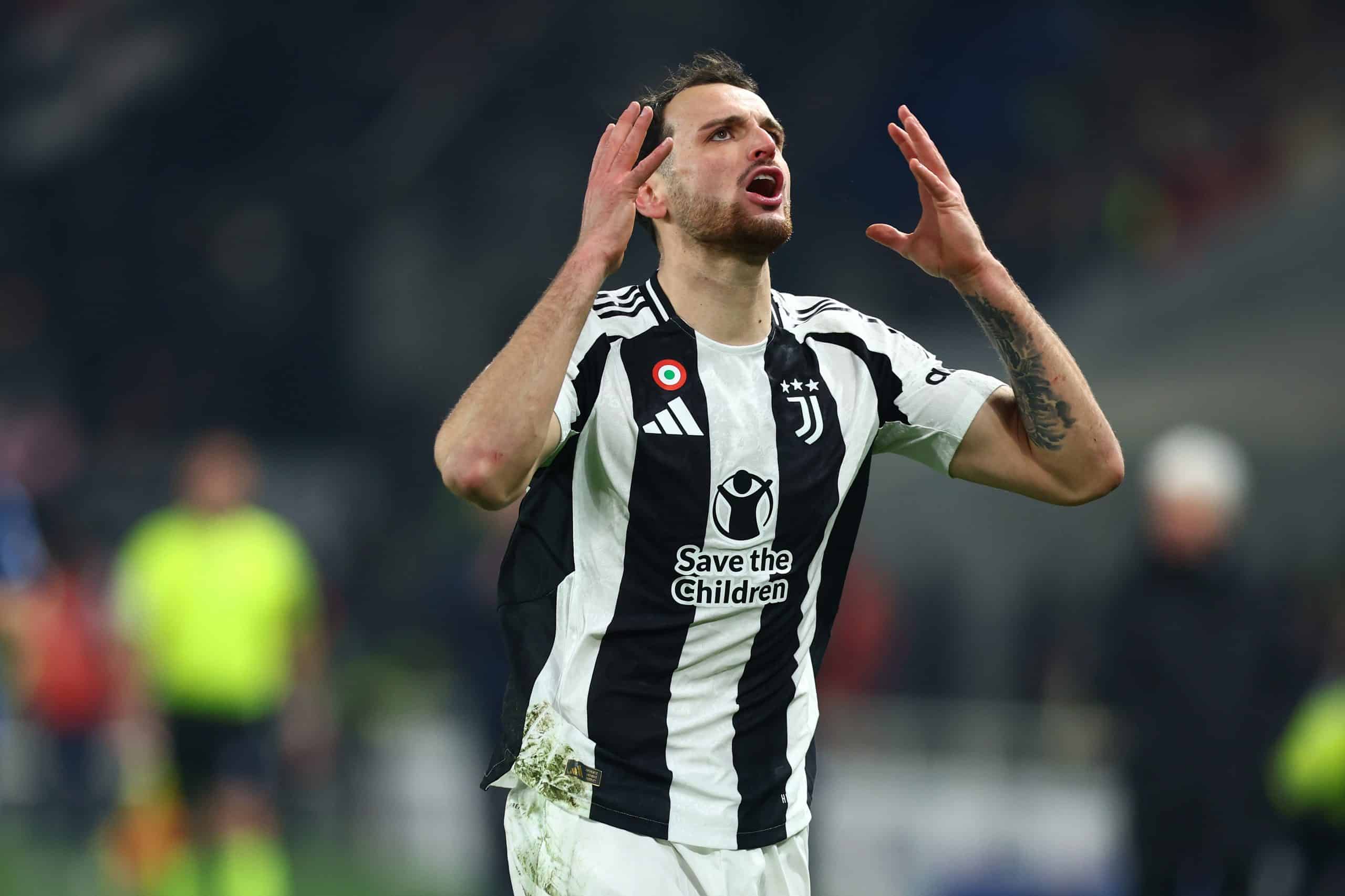 BERGAMO, ITALY - JANUARY 14: Federico Gatti of Juventus FC reacts during the Serie A match between Atalanta and Juventus at Gewiss Stadium on January 14, 2025 in Bergamo, Italy. (Photo by Francesco Scaccianoce/Getty Images)