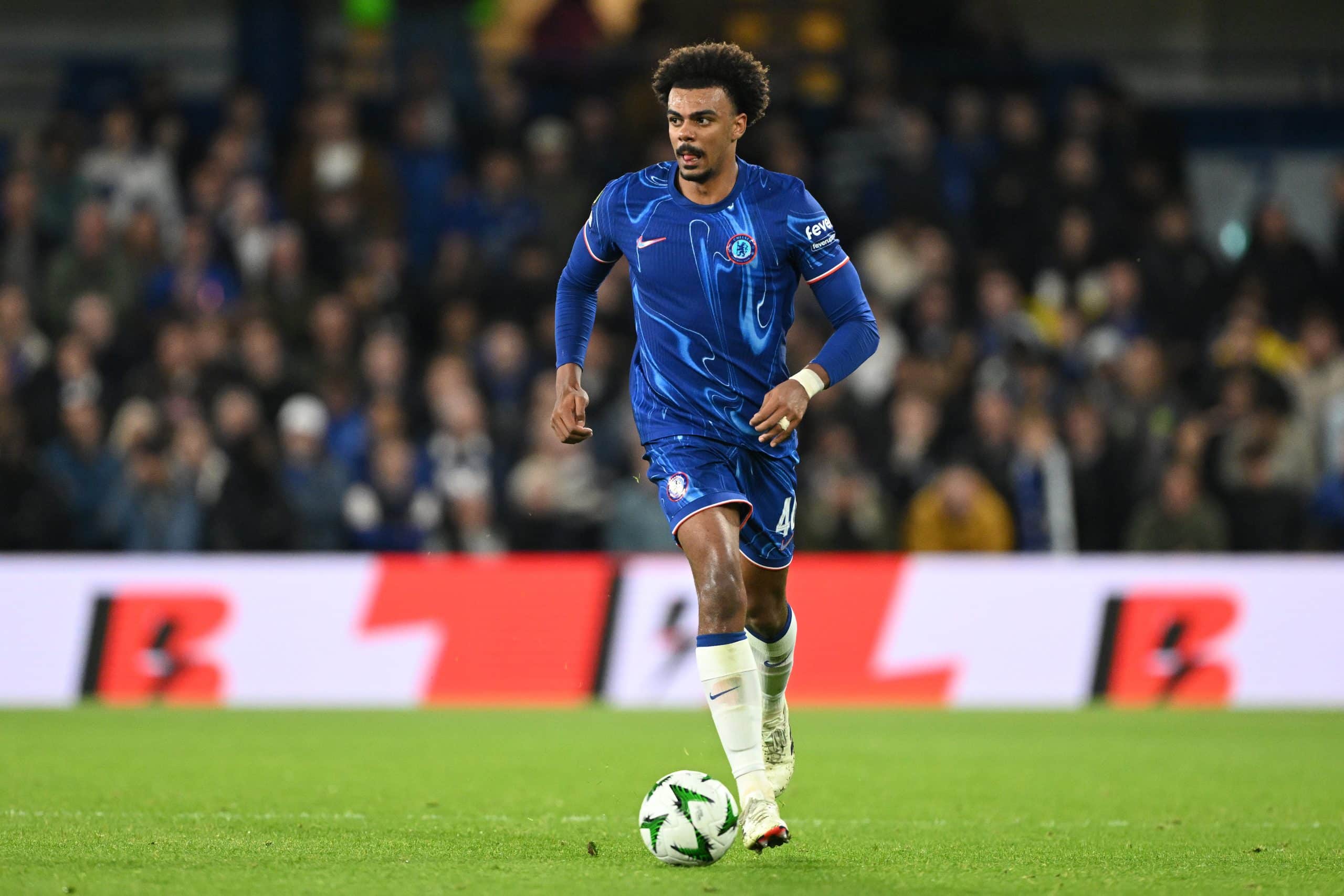 LONDON, ENGLAND - OCTOBER 03: Renato Veiga of Chelsea in action during the UEFA Conference League 2024/25 League Phase MD1 match between Chelsea FC and KAA Gent at Stamford Bridge on October 03, 2024 in London, England. (Photo by Mike Hewitt/Getty Images)