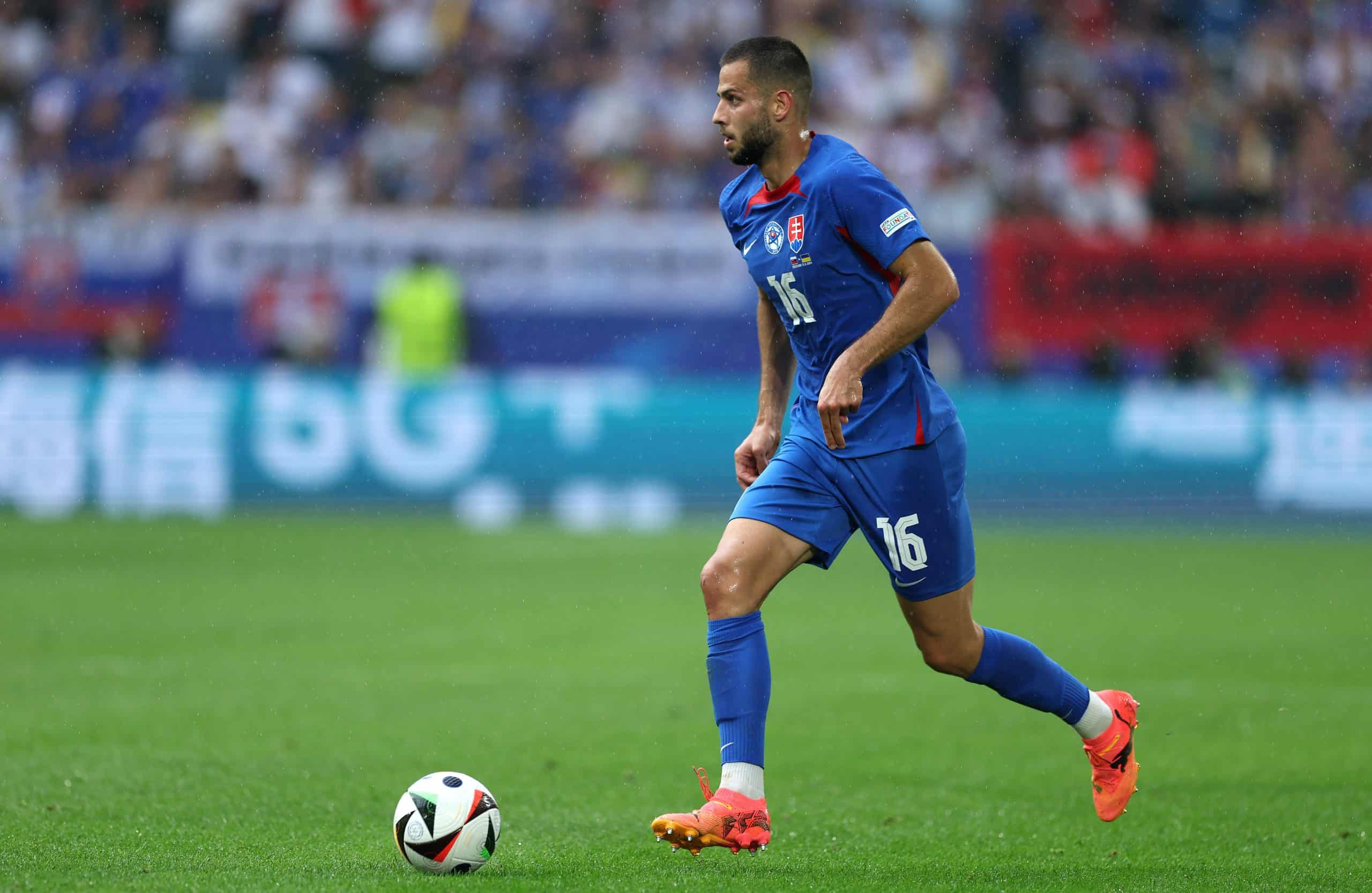 DUSSELDORF, GERMANY - JUNE 21: David Hancko of Slovakia controls the ball during the UEFA EURO 2024 group stage match between Slovakia and Ukraine at Düsseldorf Arena on June 21, 2024 in Dusseldorf, Germany. (Photo by Kevin C. Cox/Getty Images)