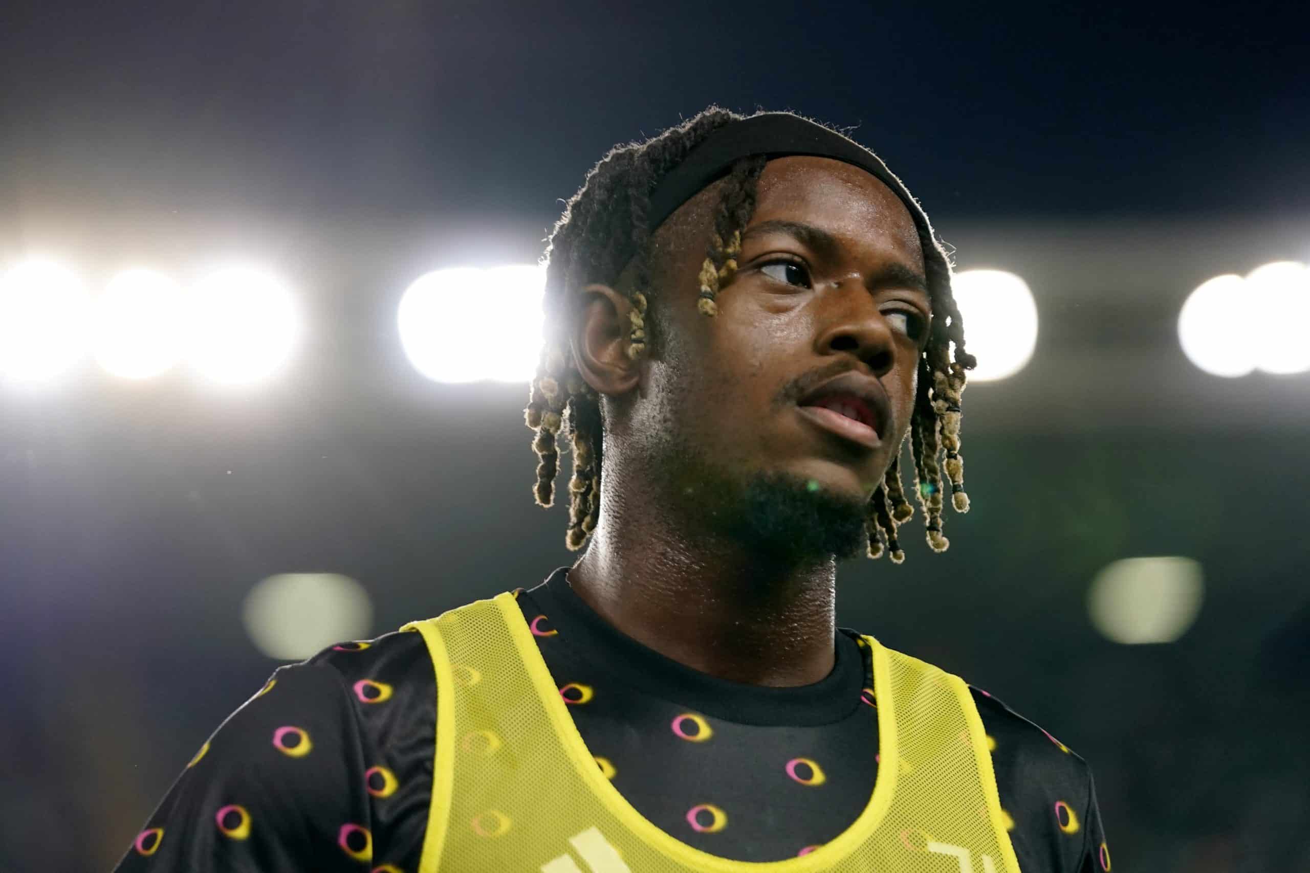 VERONA, ITALY - AUGUST 26: Samuel Mbangula of Juventus FC looks during warm up prior the Serie match between Hellas Verona and Juventus at Stadio Marcantonio Bentegodi on August 26, 2024 in Verona, Italy. (Photo by Pier Marco Tacca/Getty Images)