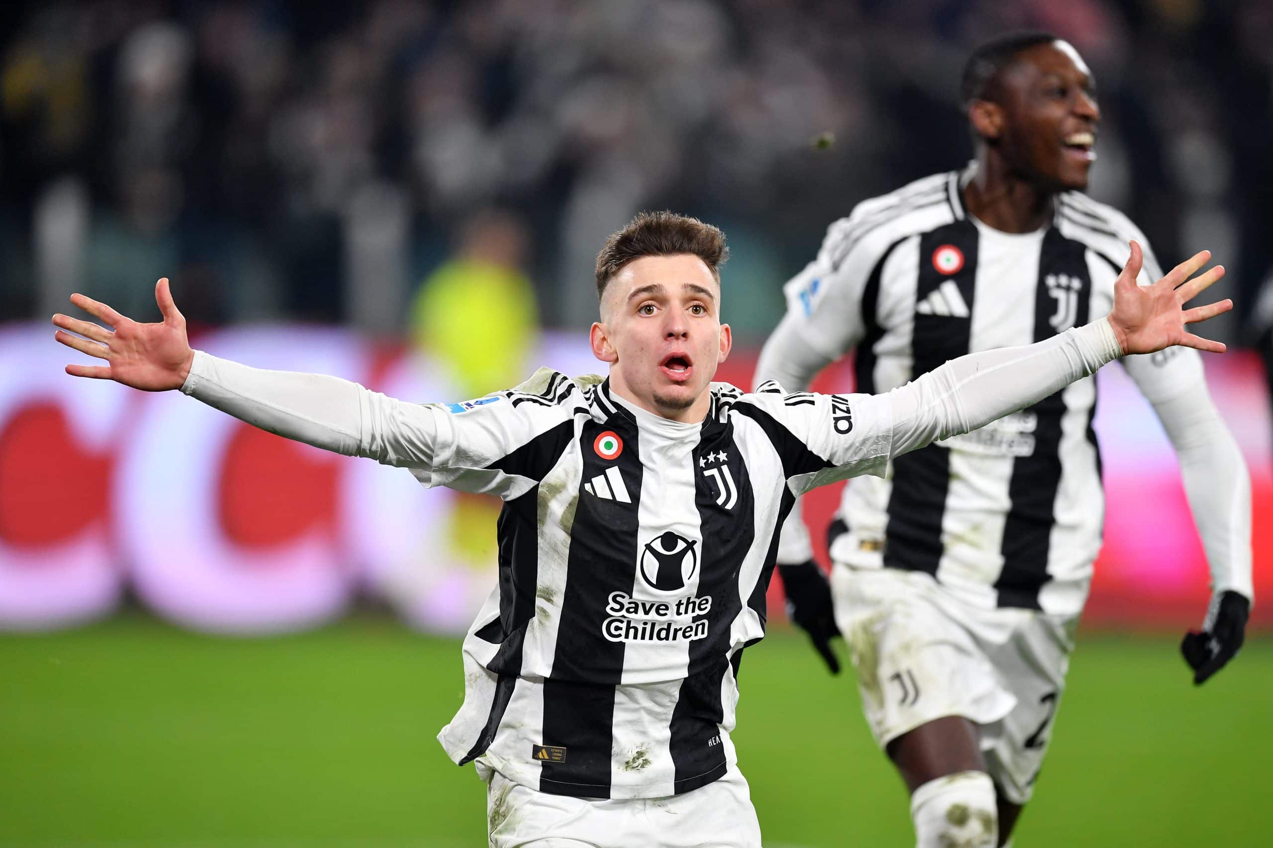 TURIN, ITALY - FEBRUARY 16: Francisco Conceicao of Juventus celebrates scoring his team's first goal during the Serie A match between Juventus and FC Internazionale at Allianz Stadium on February 16, 2025 in Turin, Italy. (Photo by Valerio Pennicino/Getty Images)