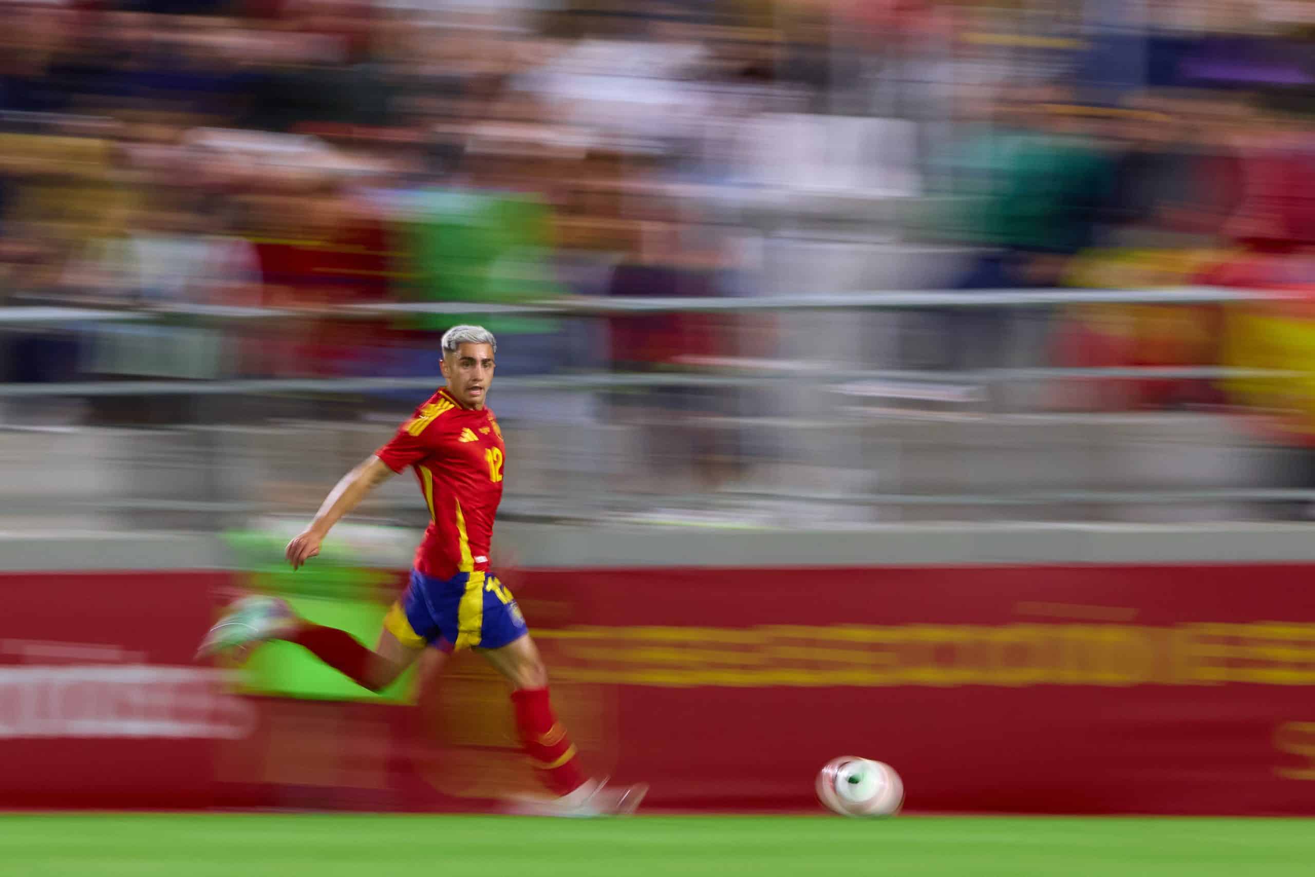 LA LINEA DE LA CONCEPCION, SPAIN - OCTOBER 10: Yeremay Hernandez of Spain in action during the UEFA European U21 Championship Qualifying match between Spain and Kazakhstan at Estadio Municipal de La Linea on October 10, 2024 in La Linea de la Concepcion, Spain. (Photo by Fran Santiago/Getty Images)