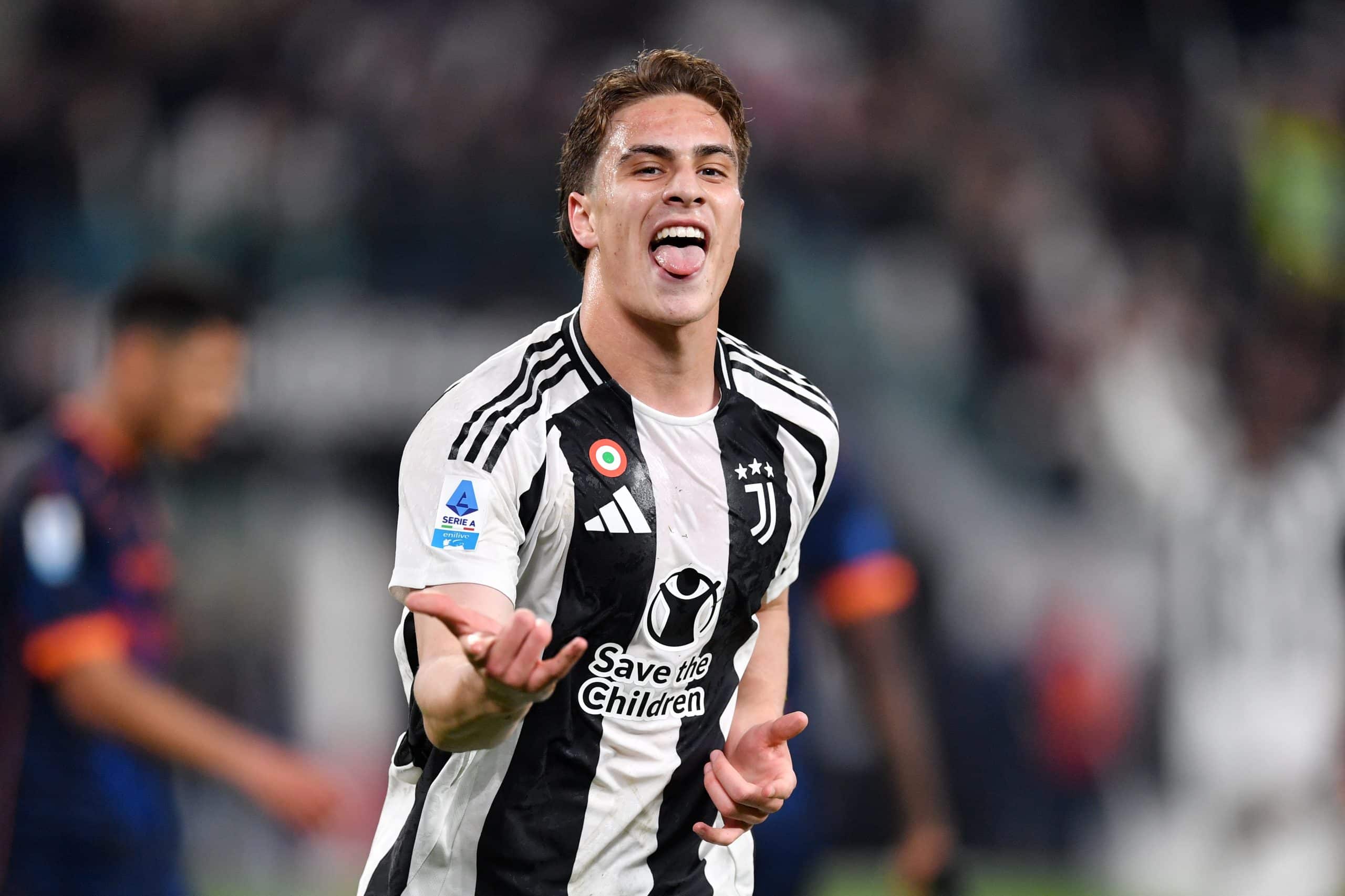 TURIN, ITALY - APRIL 12: Kenan Yildiz of Juventus celebrates scoring his team's second goal during the Serie A match between Juventus and Lecce at Allianz Stadium on April 12, 2025 in Turin, Italy. (Photo by Valerio Pennicino/Getty Images)