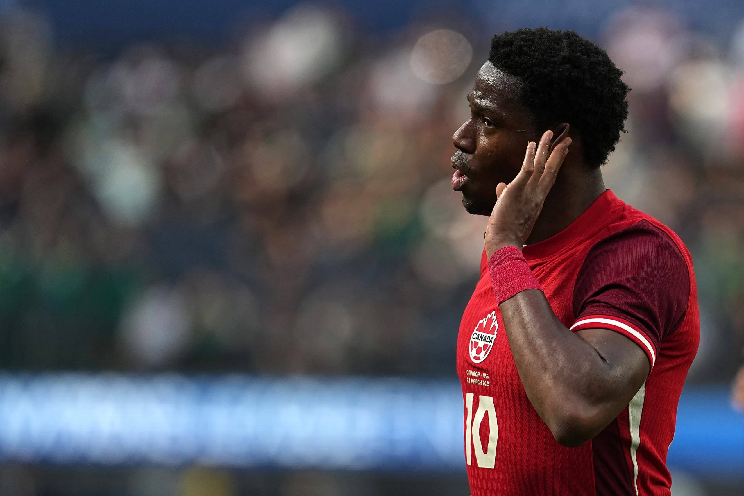 INGLEWOOD, CALIFORNIA - MARCH 23: Jonathan David #10 of Canada celebrates after scoring his team's second goal against the United States during the second half of a CONCACAF Nations League third-place match at SoFi Stadium on March 23, 2025 in Inglewood, California. (Photo by Michael Owens/Getty Images)
