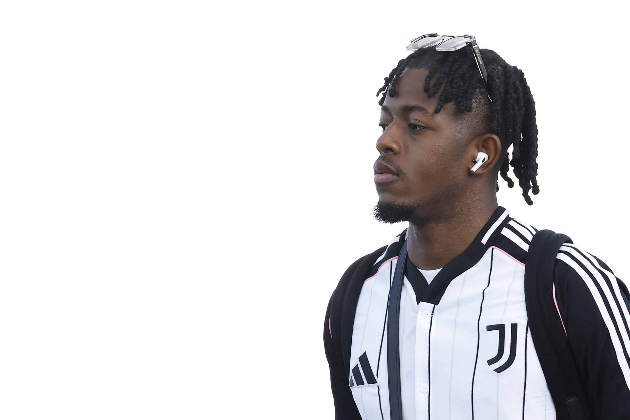 LEWISBURG, WEST VIRGINIA - JUNE 14: Samuel Mbangula #51 of Juventus arrives at the airport prior to the official FIFA Club World Cup 2025 on June 14, 2025 in Lewisburg, West Virginia. (Photo by Michael Owens/Getty Images)