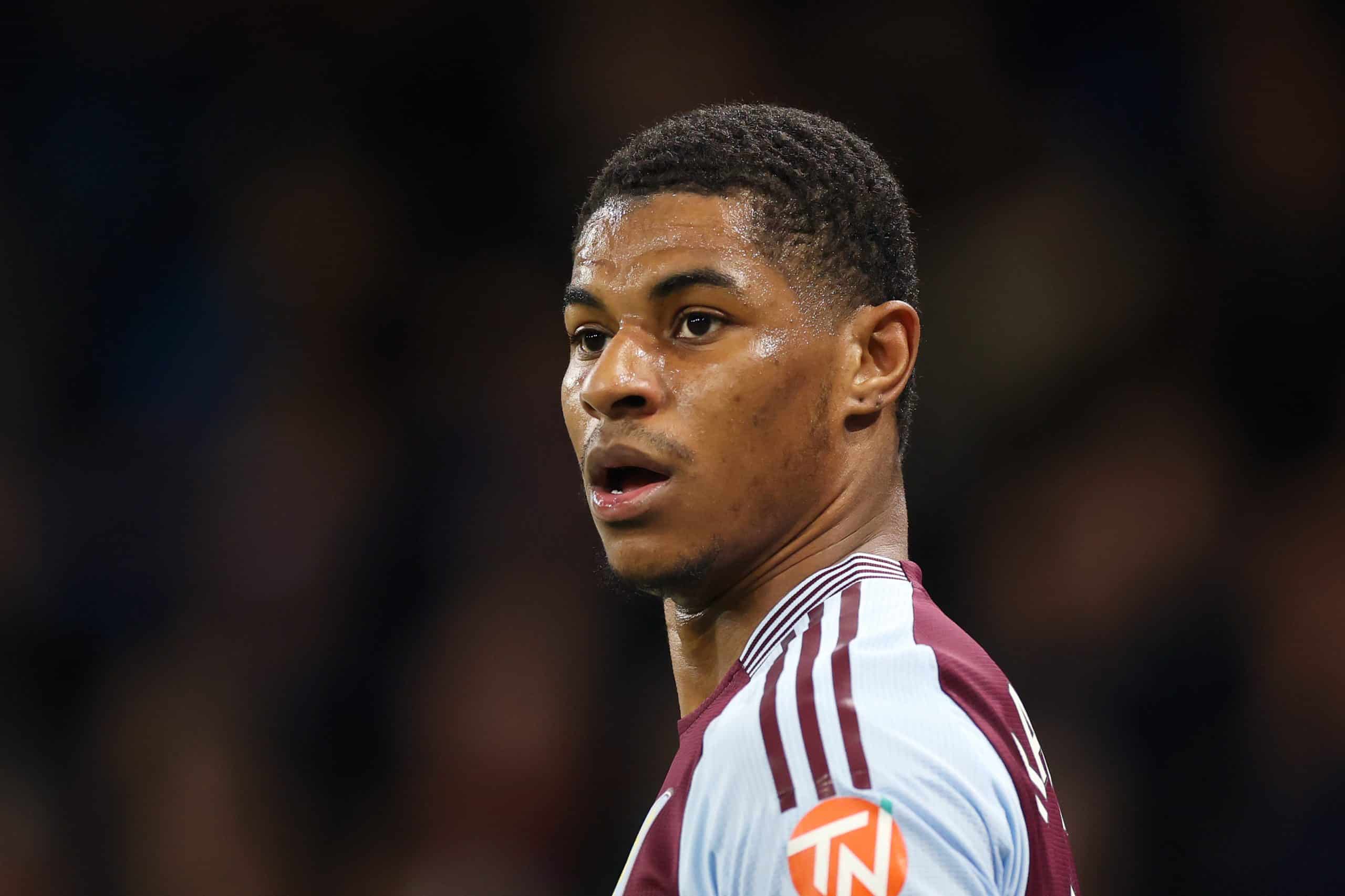 MANCHESTER, ENGLAND - APRIL 22: Marcus Rashford of Aston Villa looks on during the Premier League match between Manchester City FC and Aston Villa FC at Etihad Stadium on April 22, 2025 in Manchester, England. (Photo by Carl Recine/Getty Images)