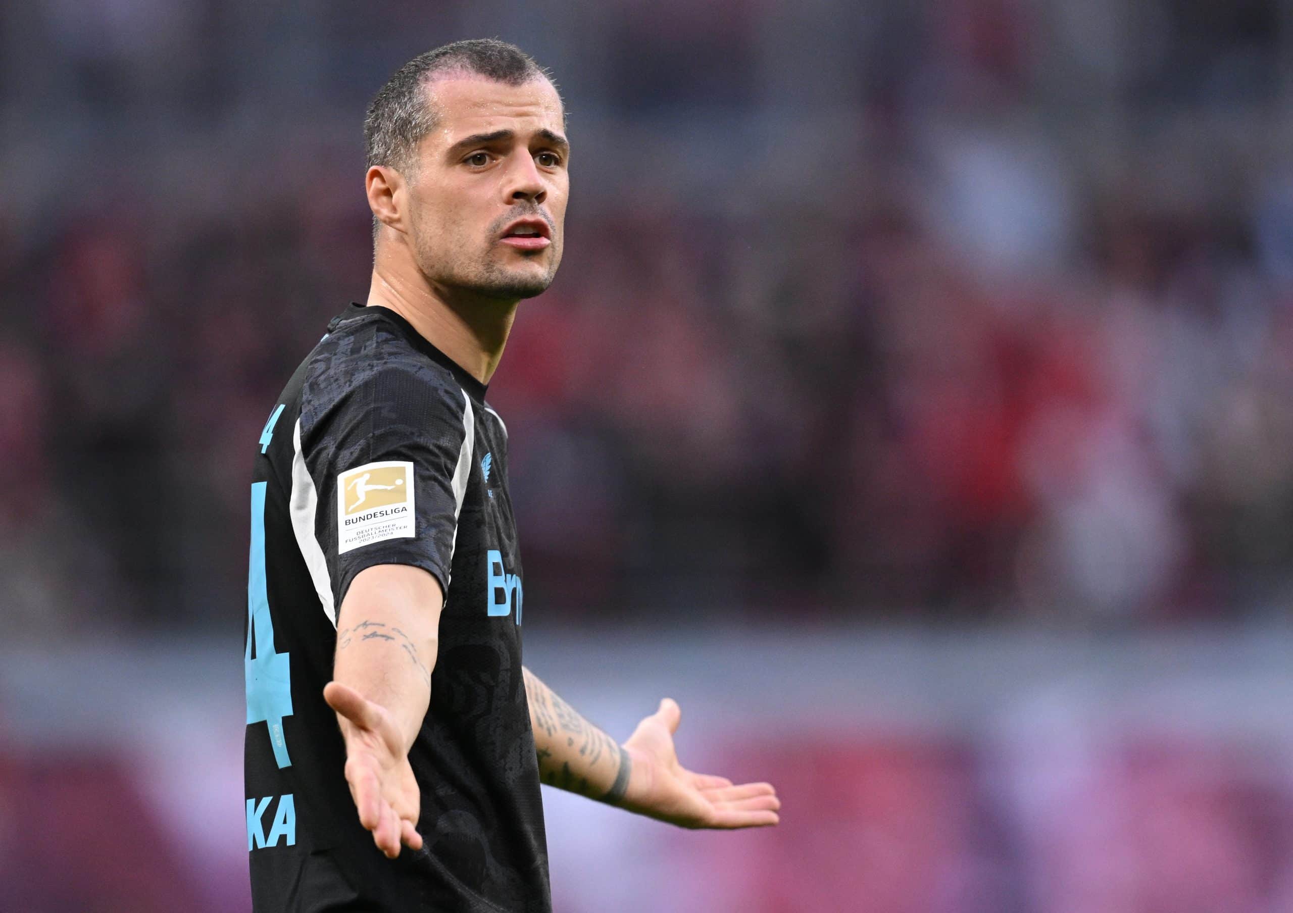 LEIPZIG, GERMANY - JANUARY 25: Granit Xhaka of Leverkusen gestures during the Bundesliga match between RB Leipzig and Bayer 04 Leverkusen at Red Bull Arena on January 25, 2025 in Leipzig, Germany. (Photo by Stuart Franklin/Getty Images)