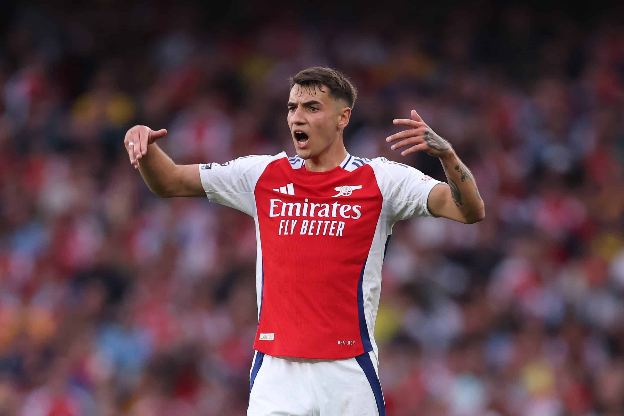 LONDON, ENGLAND - APRIL 12: Jakub Kiwior of Arsenal during the Premier League match between Arsenal FC and Brentford FC at Emirates Stadium on April 12, 2025 in London, England. (Photo by Alex Pantling/Getty Images)