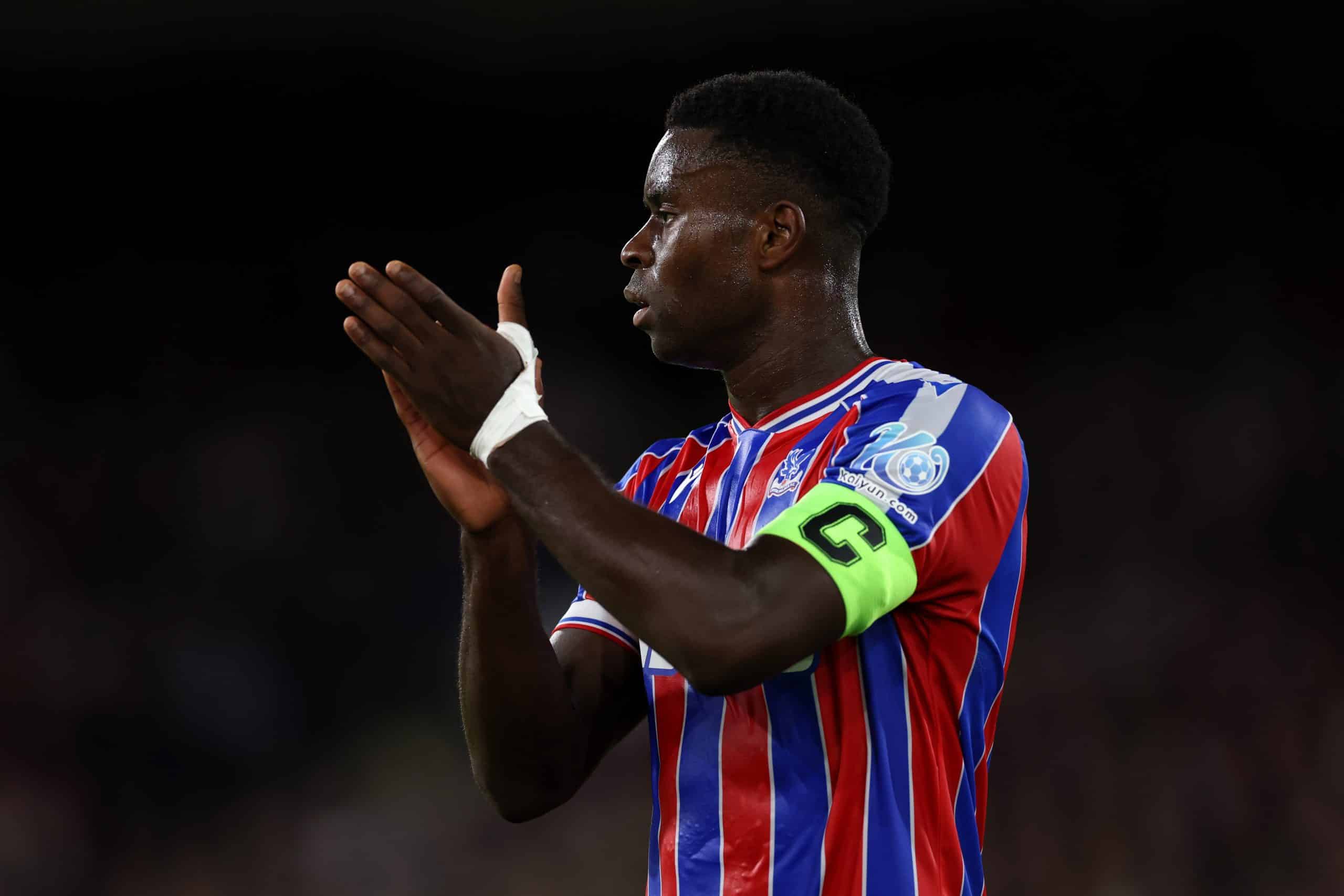 LONDON, ENGLAND - AUGUST 21: Marc Guehi of Crystal Palace claps during the UEFA Conference League Play-off Round First Leg between Crystal Palace and Fredrikstad at Selhurst Park on August 21, 2025 in London, England. (Photo by Justin Setterfield/Getty Images)