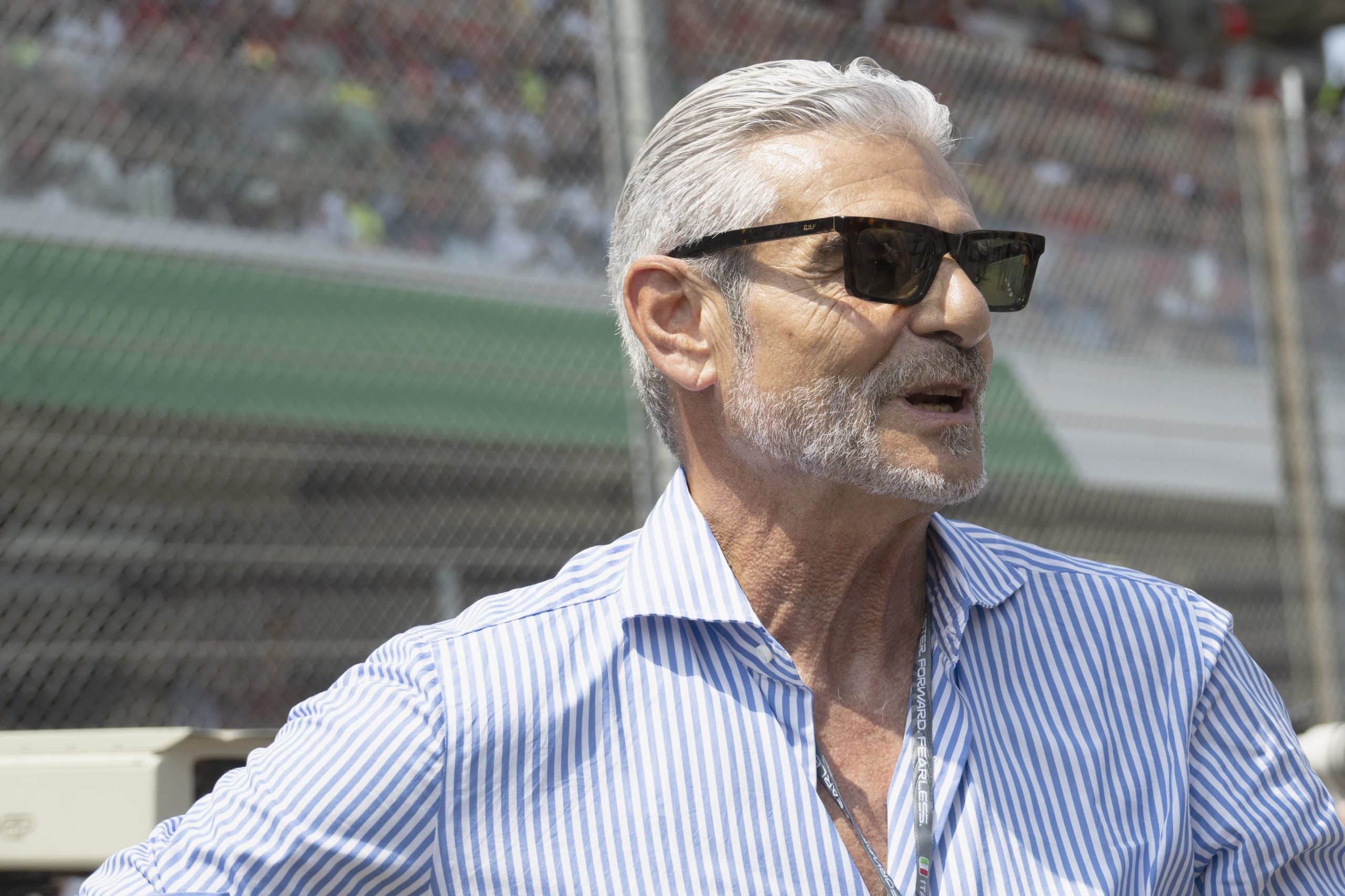 SCARPERIA, ITALY - JUNE 21: Maurizio Arrivabene of Italy (Italian business manager and sports manager) speaks on the grid during the MotoGP Of Italy - Sprint at Mugello Circuit on June 21, 2025 in Scarperia, Italy. (Photo by Mirco Lazzari gp/Getty Images)