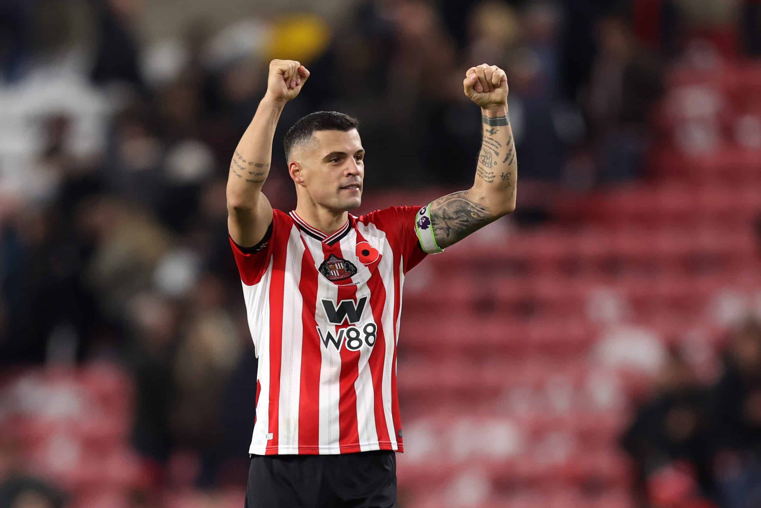 SUNDERLAND, ENGLAND - NOVEMBER 08: Granit Xhaka of Sunderland celebrates following the Premier League match between Sunderland and Arsenal at Stadium of Light on November 08, 2025 in Sunderland, England. (Photo by George Wood/Getty Images)