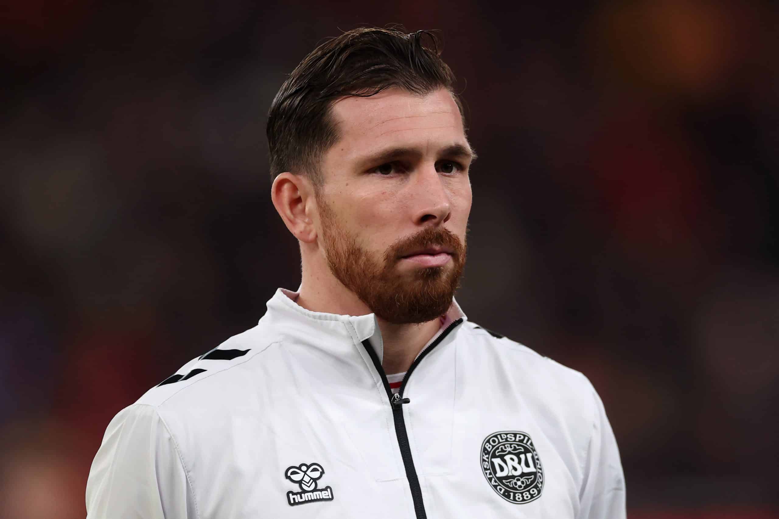 COPENHAGEN, DENMARK - NOVEMBER 15: Pierre-Emile Hojbjerg of Denmark stands for the national anthem prior to the FIFA World Cup 2026 qualifier match between Denmark and Belarus at Parken Stadium on November 15, 2025 in Copenhagen, Denmark. (Photo by Dean Mouhtaropoulos/Getty Images)