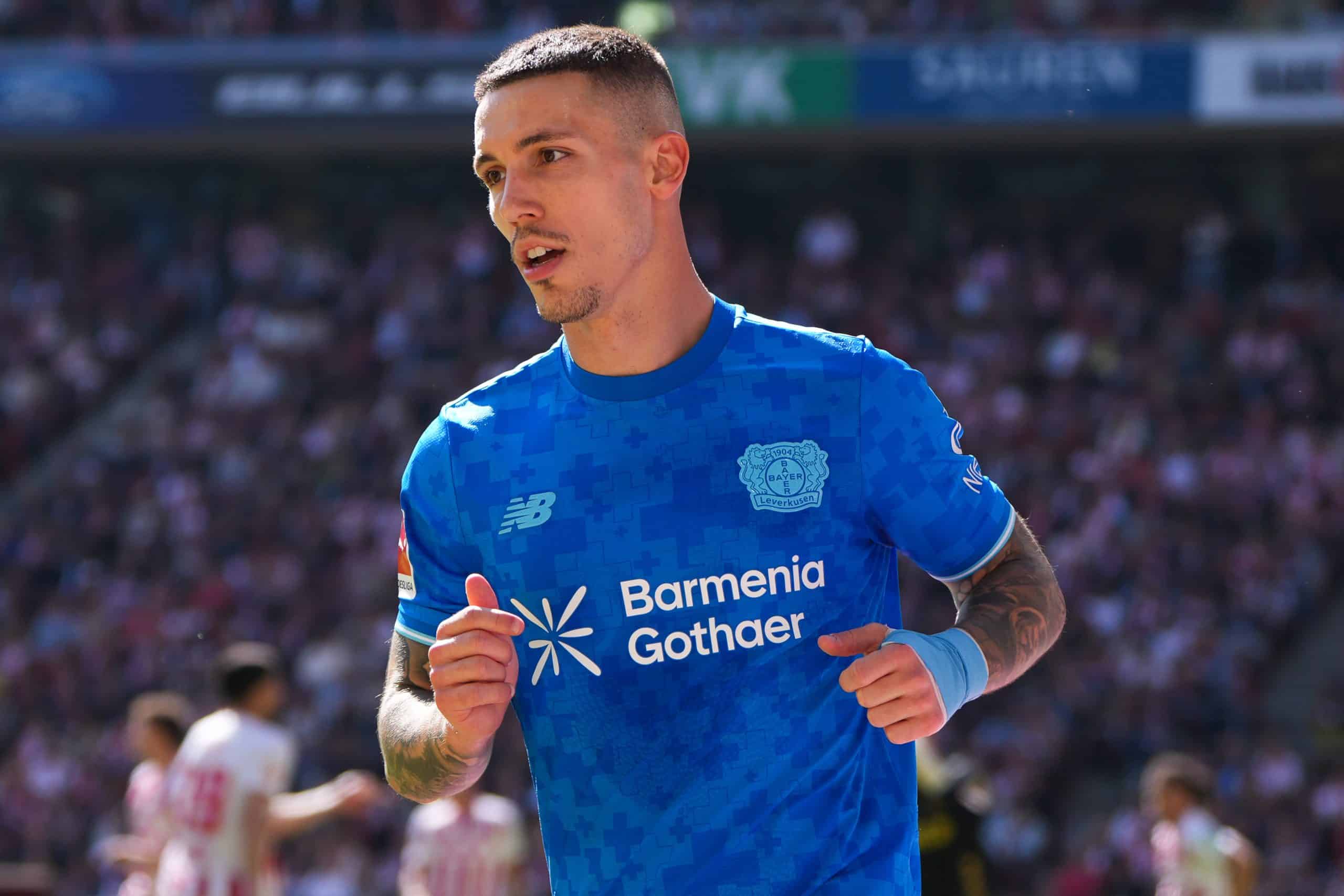 COLOGNE, GERMANY - APRIL 25: Alejandro Grimaldo of Bayer 04 Leverkusen looks on during the Bundesliga match between 1. FC Köln and Bayer 04 Leverkusen at RheinEnergieStadion on April 25, 2026 in Cologne, Germany. (Photo by Pau Barrena/Getty Images)