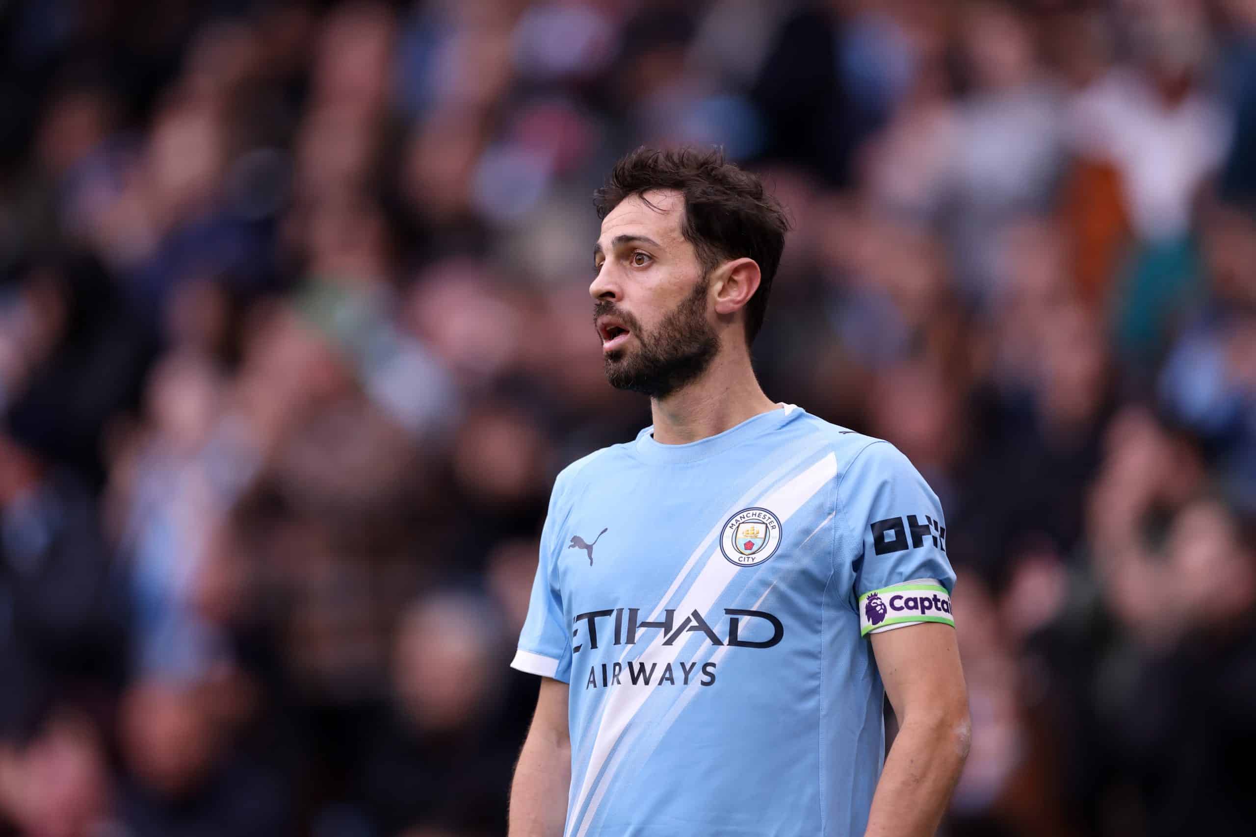 MANCHESTER, ENGLAND - MAY 09: Bernardo Silva of Manchester City during the Premier League match between Manchester City and Brentford at Etihad Stadium on May 09, 2026 in Manchester, England. (Photo by Naomi Baker/Getty Images)