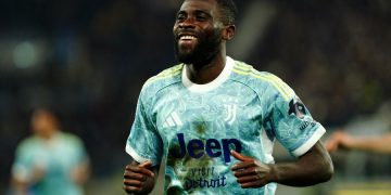 Jérémie Boga célèbre son but avec la Juventus face à l'Atalanta en avril 2026